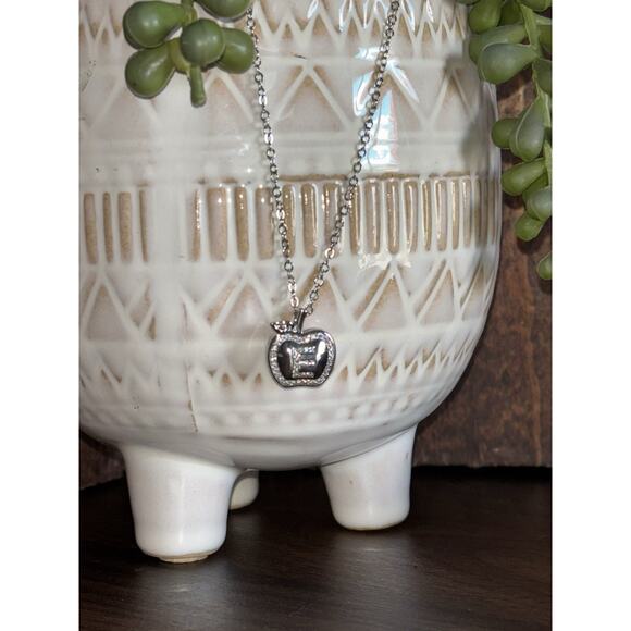 E Necklace silver-toned crystal-embellished apple pendant E New In Box - Picture 1 of 7